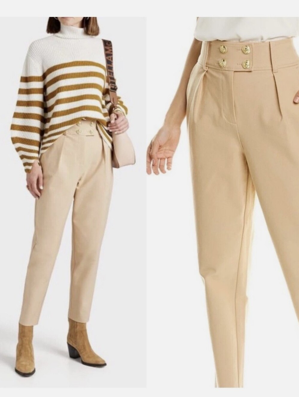 NWOT Derek Lam 10 Crosby Leonie Pleated Tapered High Rise Sailor Pants Tan, 12